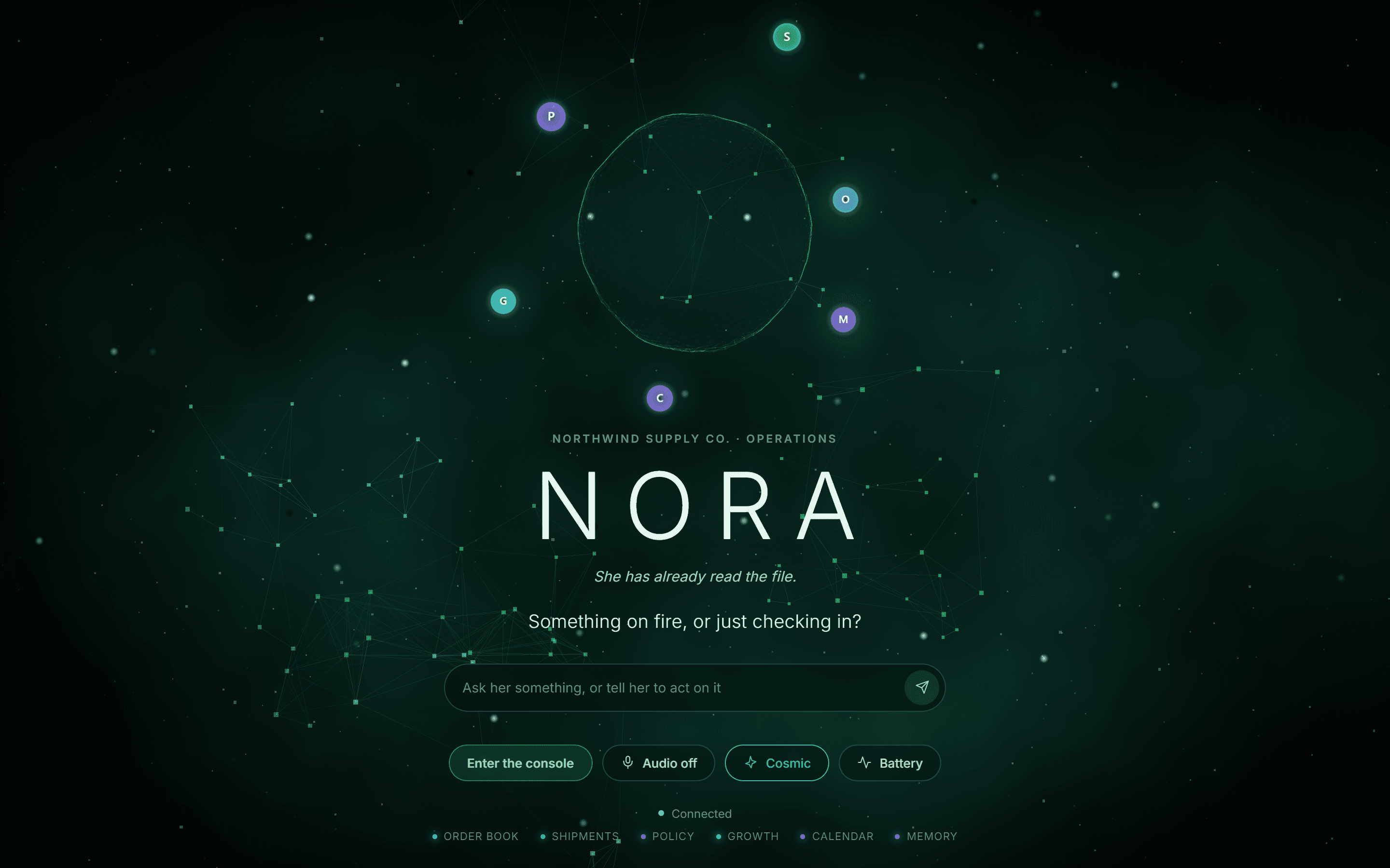 NORA’s landing screen: a glowing green wireframe orb above the NORA wordmark and a prompt field reading "Ask her something, or tell her to act on it".