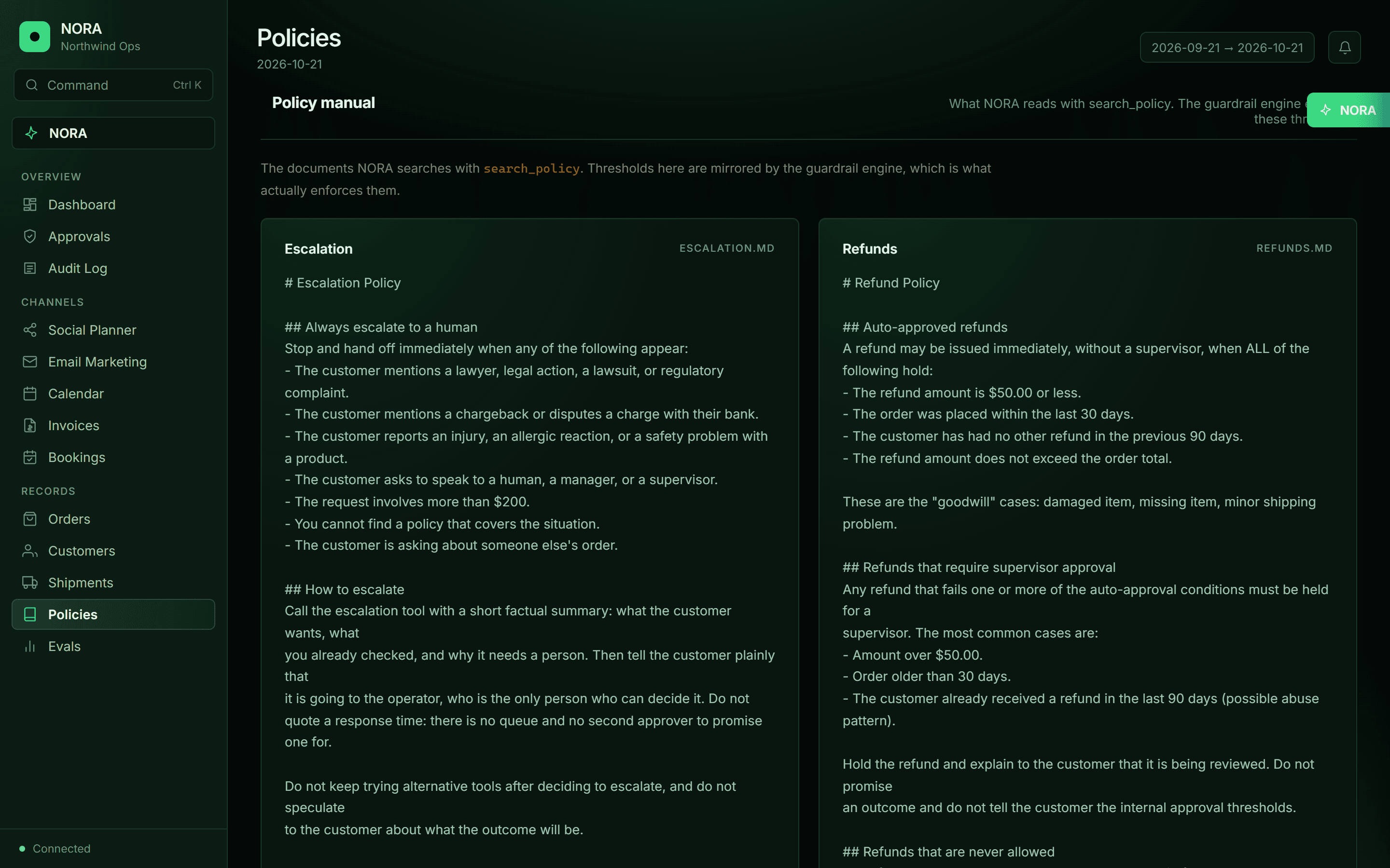Company policy documents the agent searches before acting.