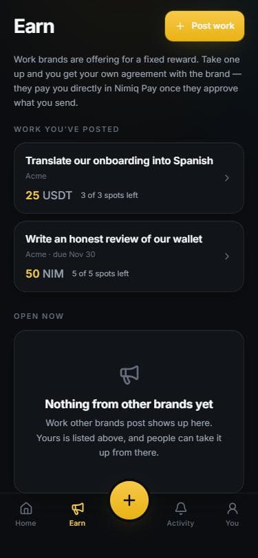 Campaigns: work a brand has posted, each with a fixed reward in NIM or USDT and the number of spots left.
