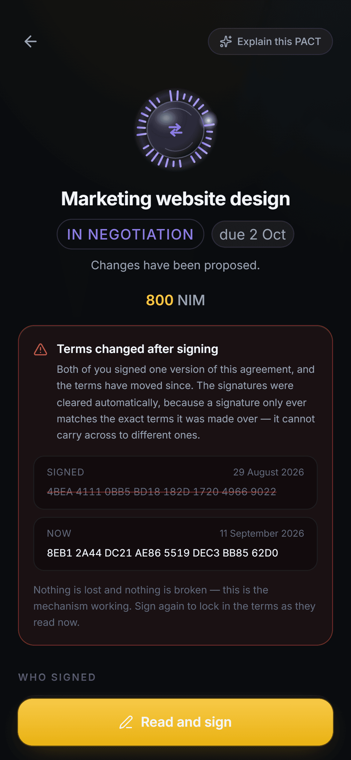 A Pact whose terms changed after both parties signed: the PACT Seal at the top, the signed fingerprint struck through and the current one shown below it.