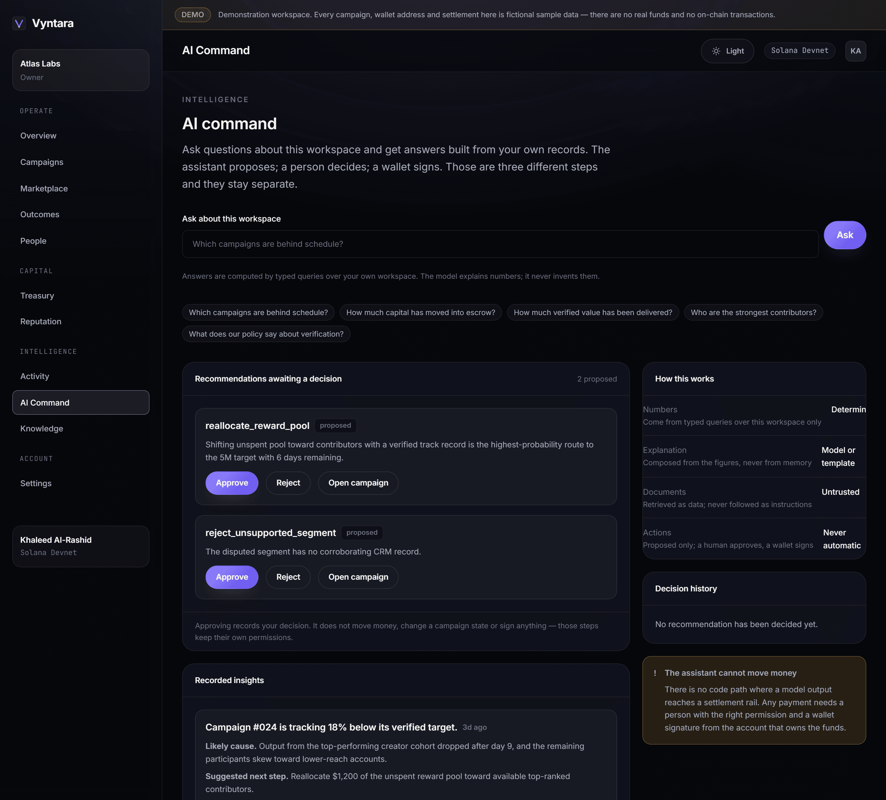 The AI console answering a question with the workspace records that produced the answer.